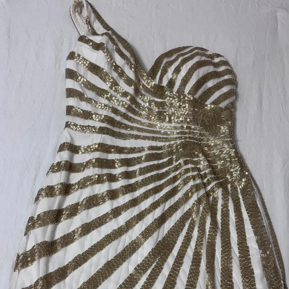 ASHLEY LAUREN Gold White Embellished Women's Homecoming Prom Mini Court Dress